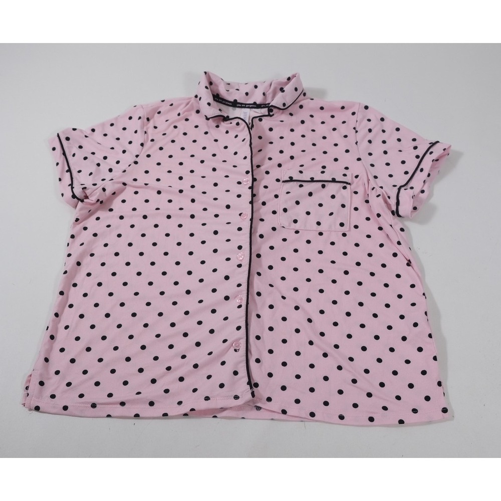 Joyspun Pajama Top Womens L Pink Polka Dot Short Sleeve Button Down Sleep Shirt